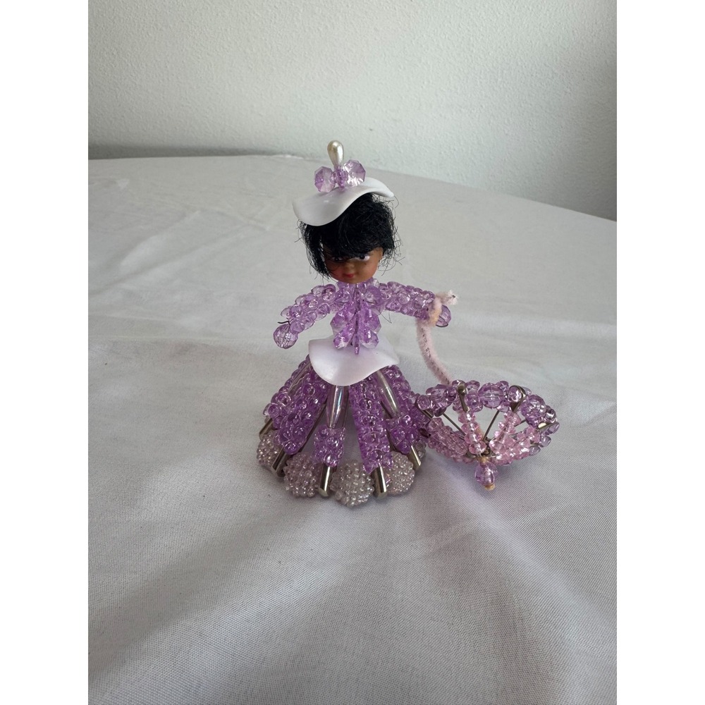 Vintage Handmade Safety Pin Doll Purple Beaded Victorian Figurine with Parasol